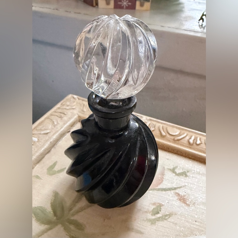 Golden Crown Hand Cut Lead Crystal Black Perfume Bottle &
Stopper West Germany